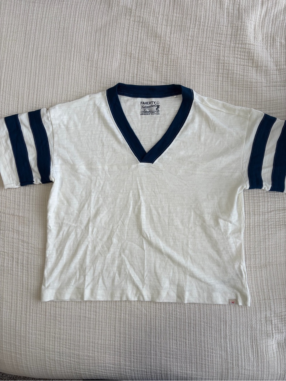 Faherty women’s White V-Neck Tee with Navy Stripes